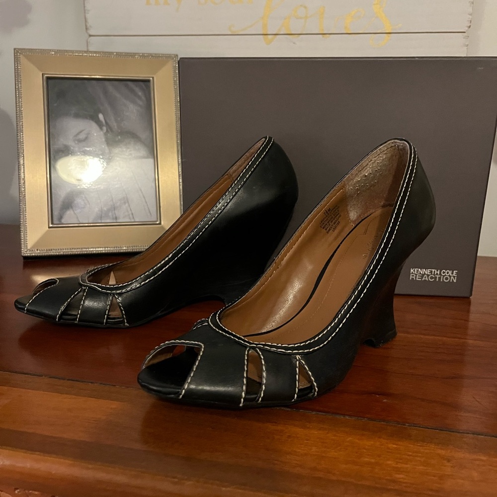 Black Wedge Open Toe Heels • size 7.5 • Kenneth Cole